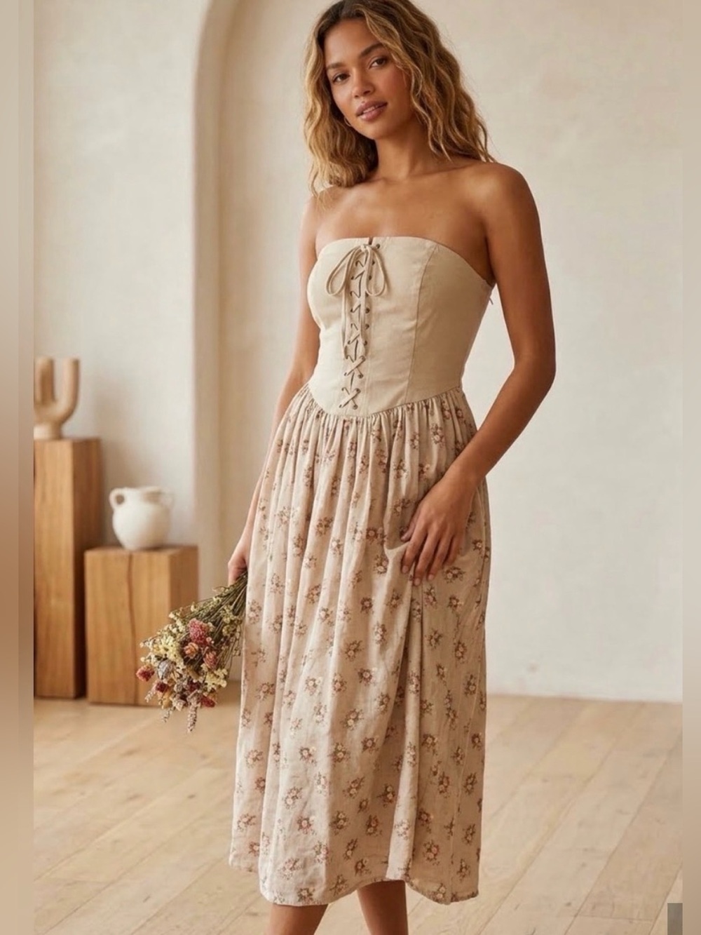 Urban Outfitters Ecote Strapless Lace-Up Tan Floral Midi Dress